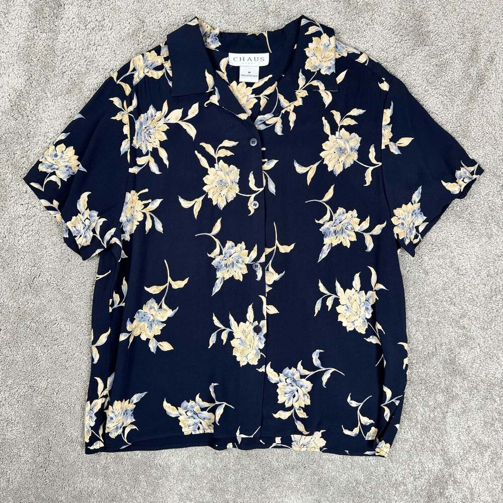 Vintage 90s Chaus Sport Floral Blouse Top Button Front Shirt Navy Blue Womens M